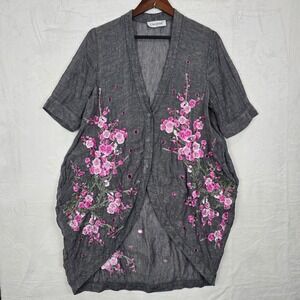 Uncutink‎ Women's Gray Cherry Blossom Embroidered Linen Silk Tunic Top Artsy Art